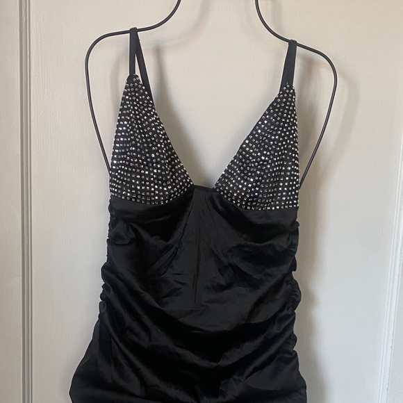 For Love And Lemons - Rouched Satin Black Mini Dress w/ Bedazzled Cups - Picture 2 of 13